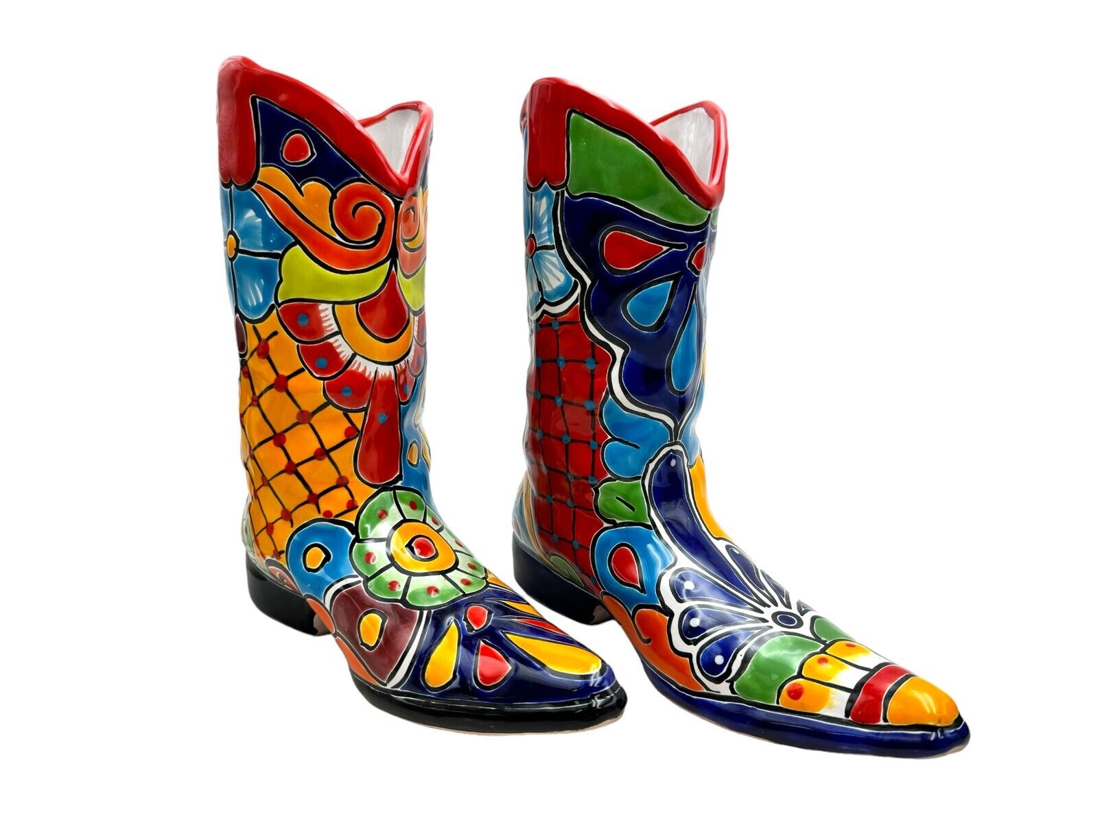 Talavera Cowboy Boot Planter Pot Home Decor Folk Art Mexican Pottery Height 12