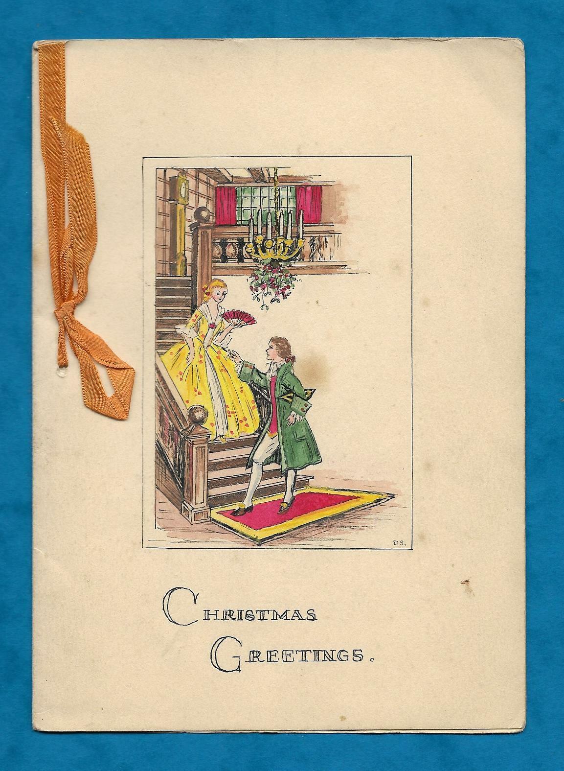 C1930s SUPERB HAND-PAINTED CHRISTMAS CARD - GEORGIAN STYLE COUPLE ON STAIRS