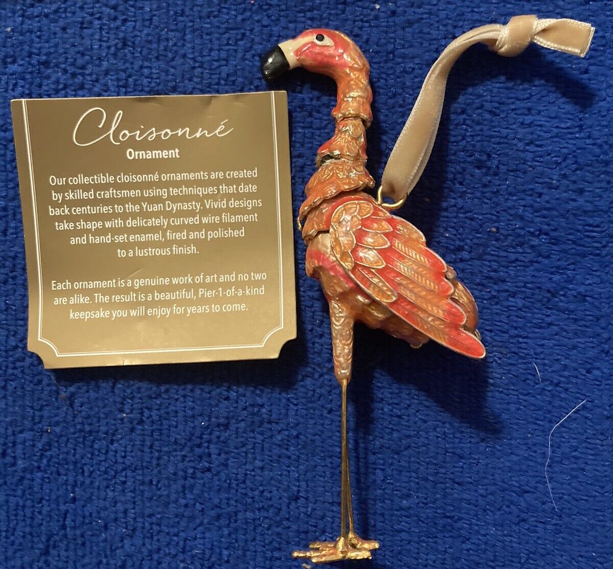 Cloisonne Articulated Flamingo Ornament, Enamel on Copper