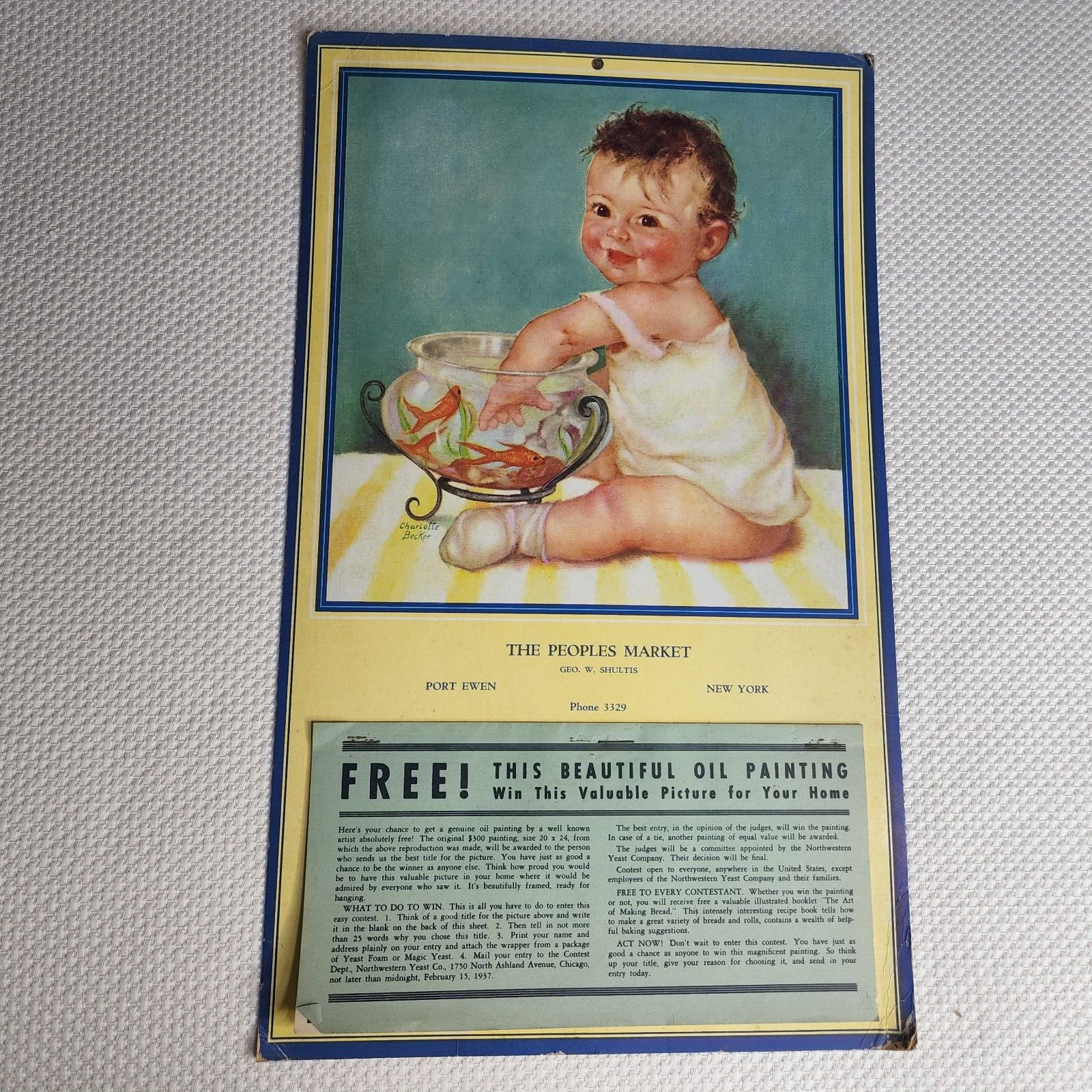 Vintage 30s Peoples Market Calendar 1937 Advertising Charlotte Becker Baby Art