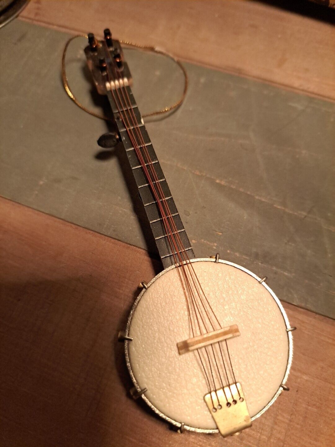  5 In. Banjo Handcrafted Instrument Ornament. Real Wood Body And Leather Head