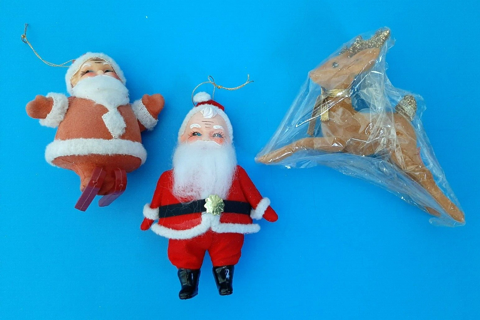 2 Vintage Felt Flocked Santa Christmas Ornaments Hong Kong & Japan + Reindeer