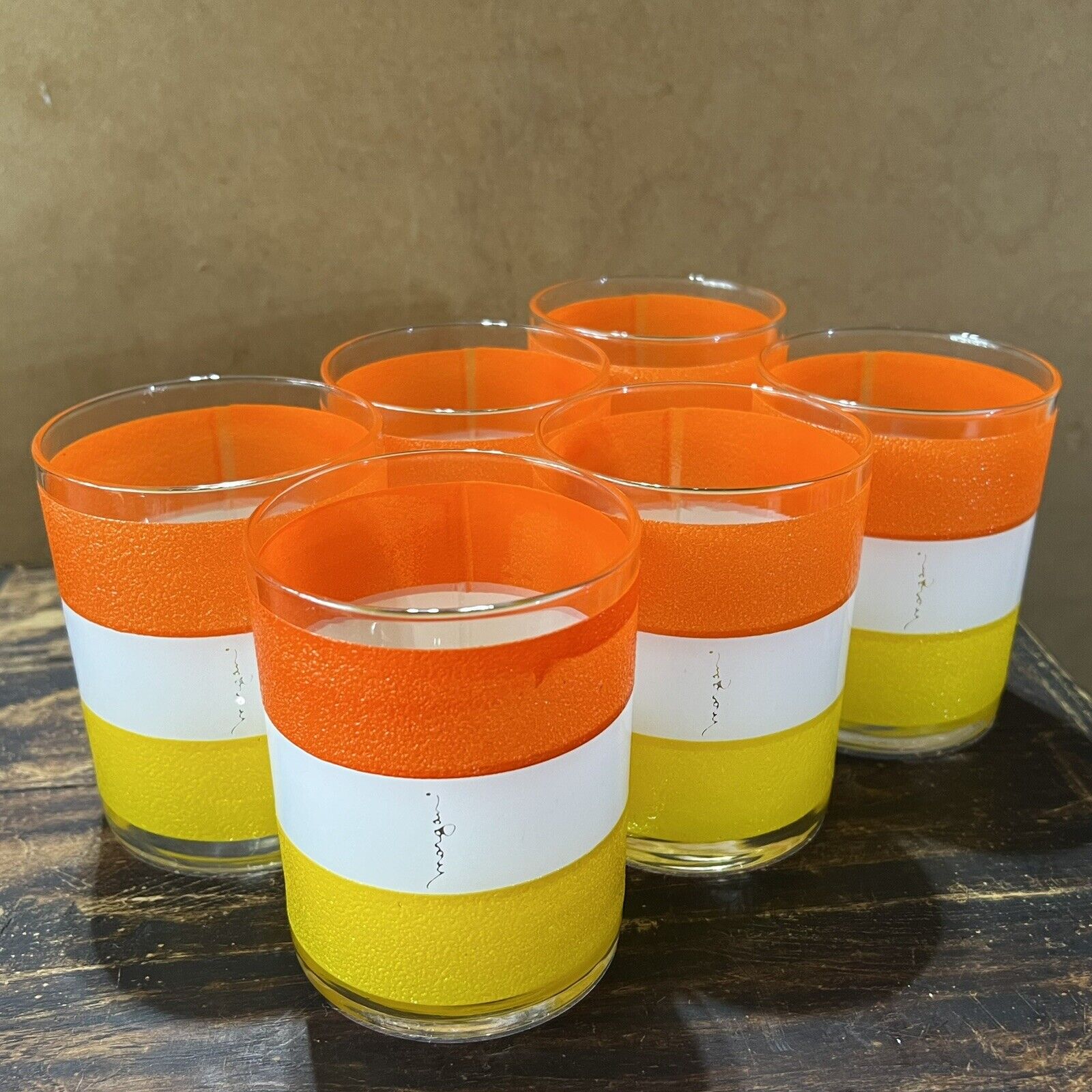 6 STUNNING Mid Century Morgan Rocks Yellow White Orange Striped Lowball Glasses