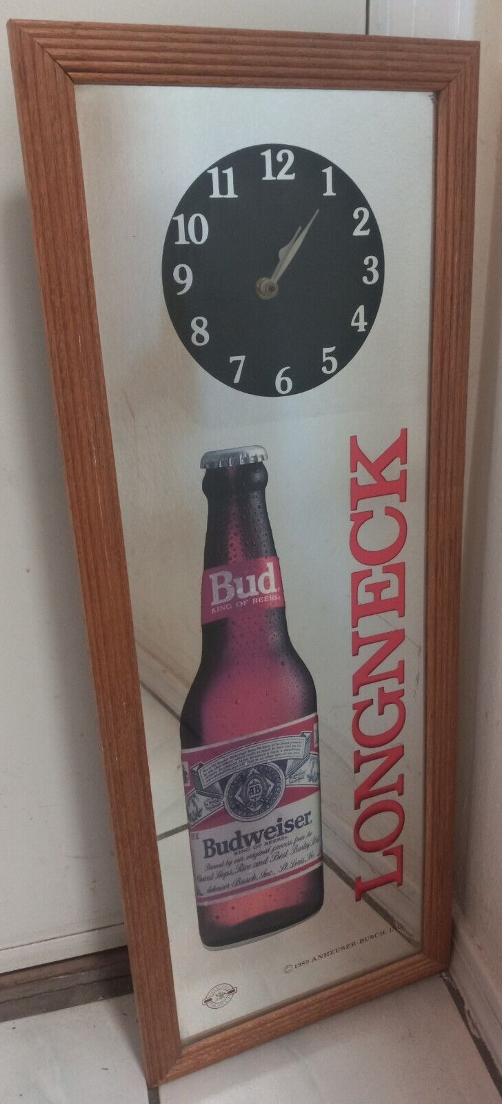 Vintage Budweiser Beer Anheuser Busch King of Beers Longneck Mirror Clock Sign