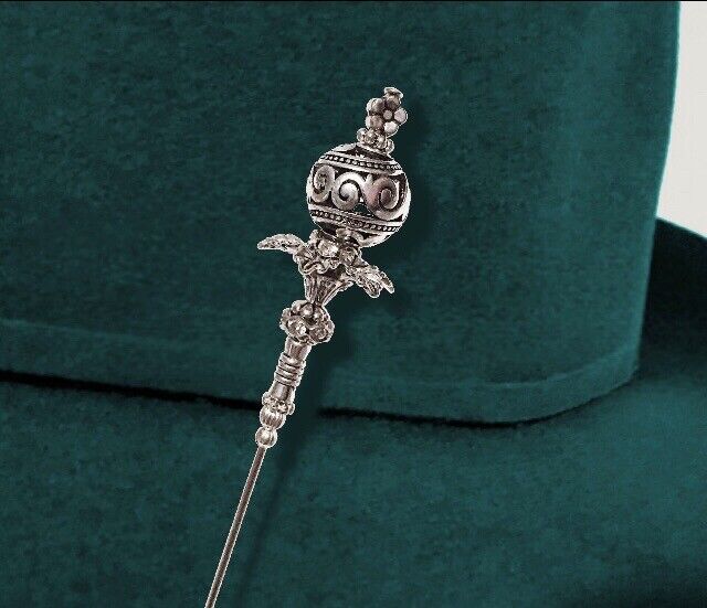 HATPIN with Rare TIBETAN PEWTER Floral Design - Silver Finish Setting - 6 Inch