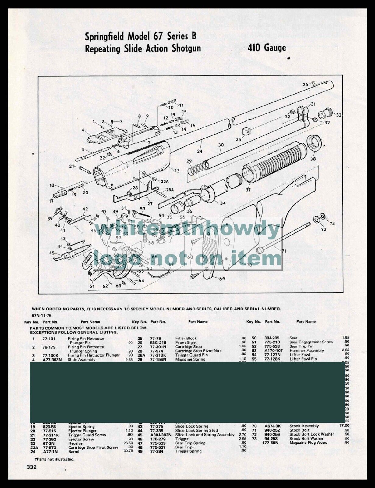 1984 SPRINGFIELD Model 67 Series B Repeating Shotgun  Schematic Parts List