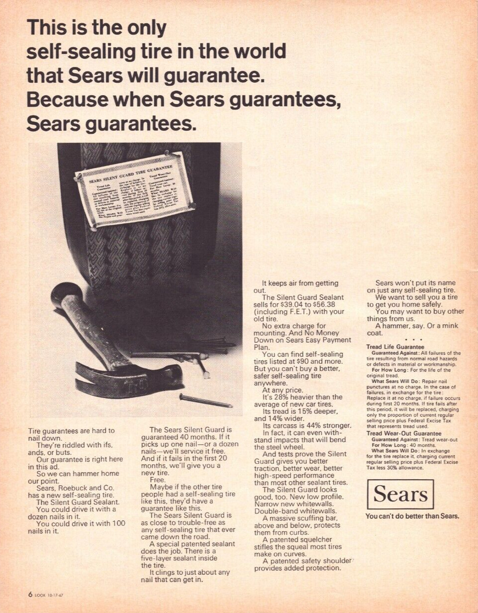 1968 Sears Self-sealing Tire Print Ad Hammer Nails Safety Guarantee