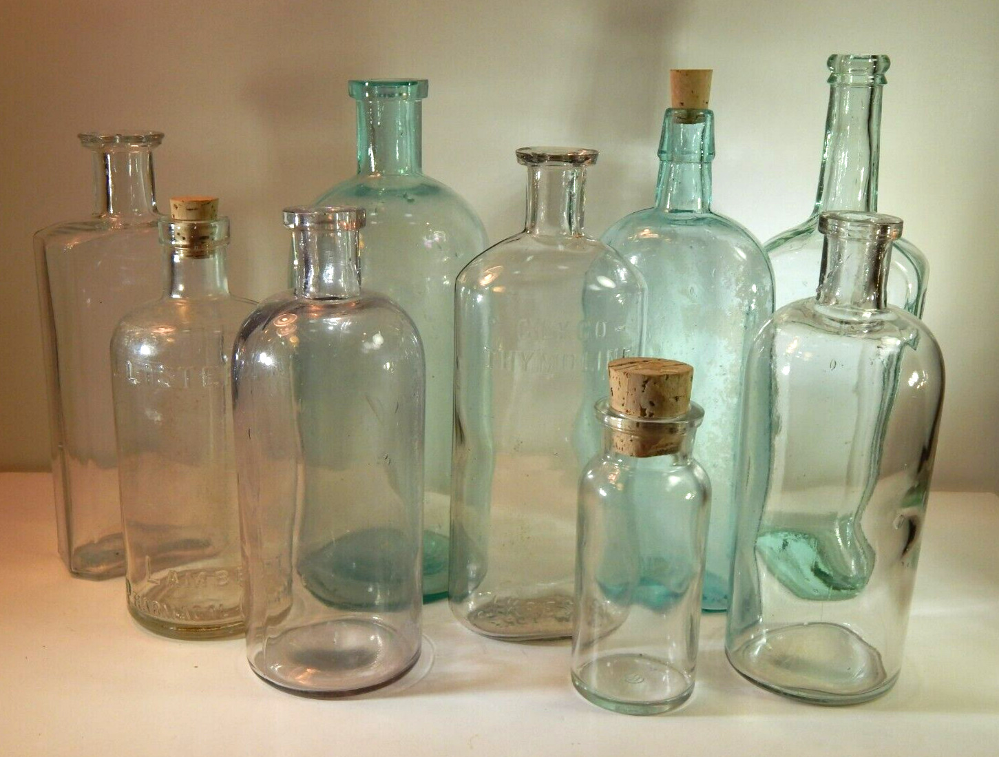 9 Vintage Antique Glass Bottle Clear & Blue Medicine Apothecary Bottles 10