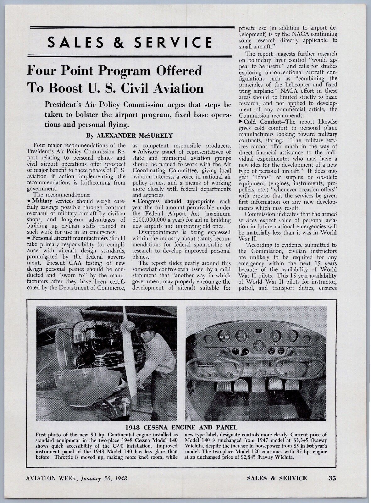 1948 Aviation Article - New Cessna Model 140 Continental Engine & Control Panel