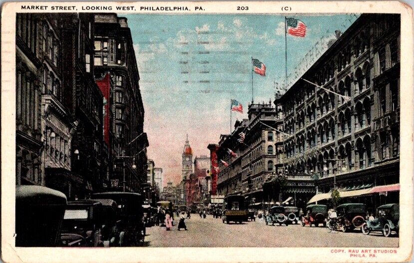 Vintage Postcard Market Street West Philedelphia PA Pennsylvania 1924      G-048