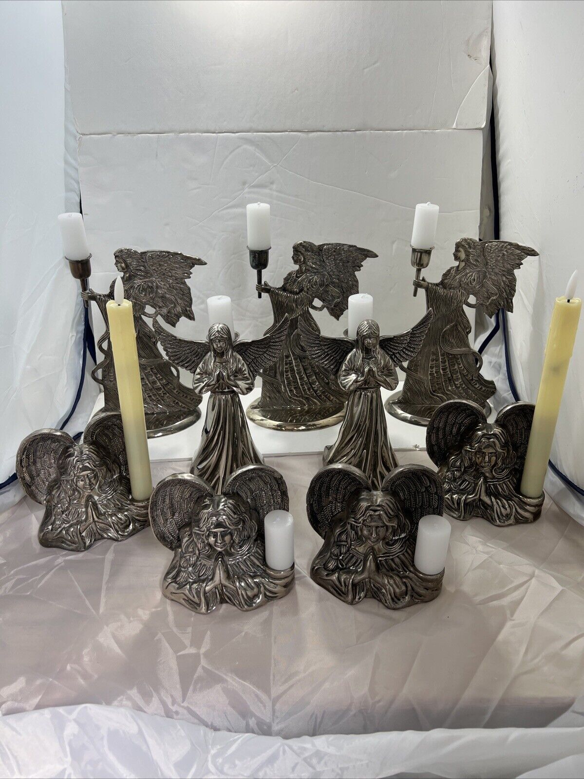 VTG Intl Silver Co. Angel Tapered Cancel Holders, Lot Of 9, Candles Not Included
