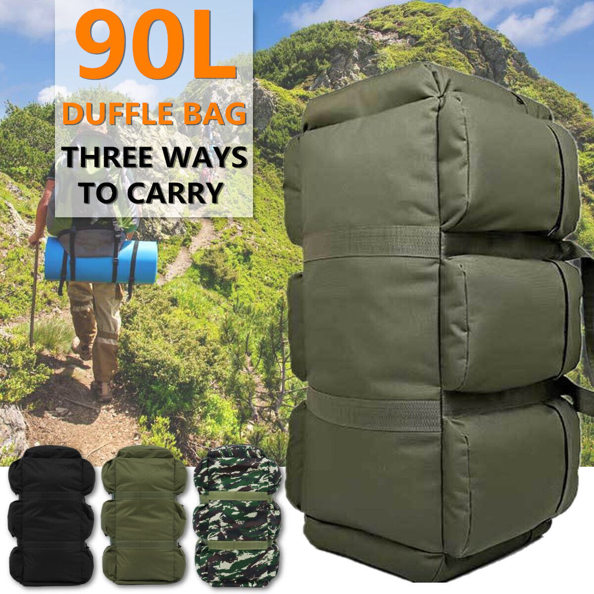 90L Large Duffle Luggage Bag Waterproof Canvas Outdoor Shoulder Handbag Backpack