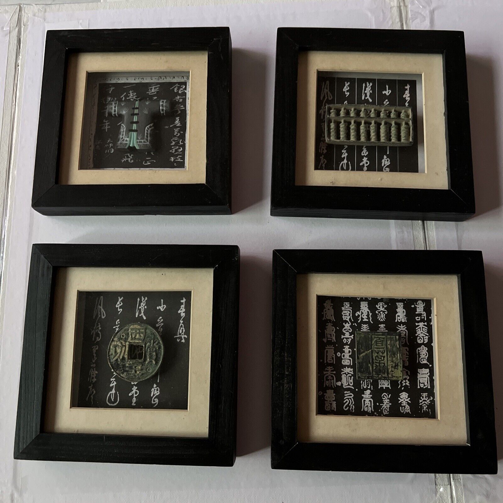 Vintage Asian Framed Shadow Box Wall Decor, 4 with Miniature patina figures