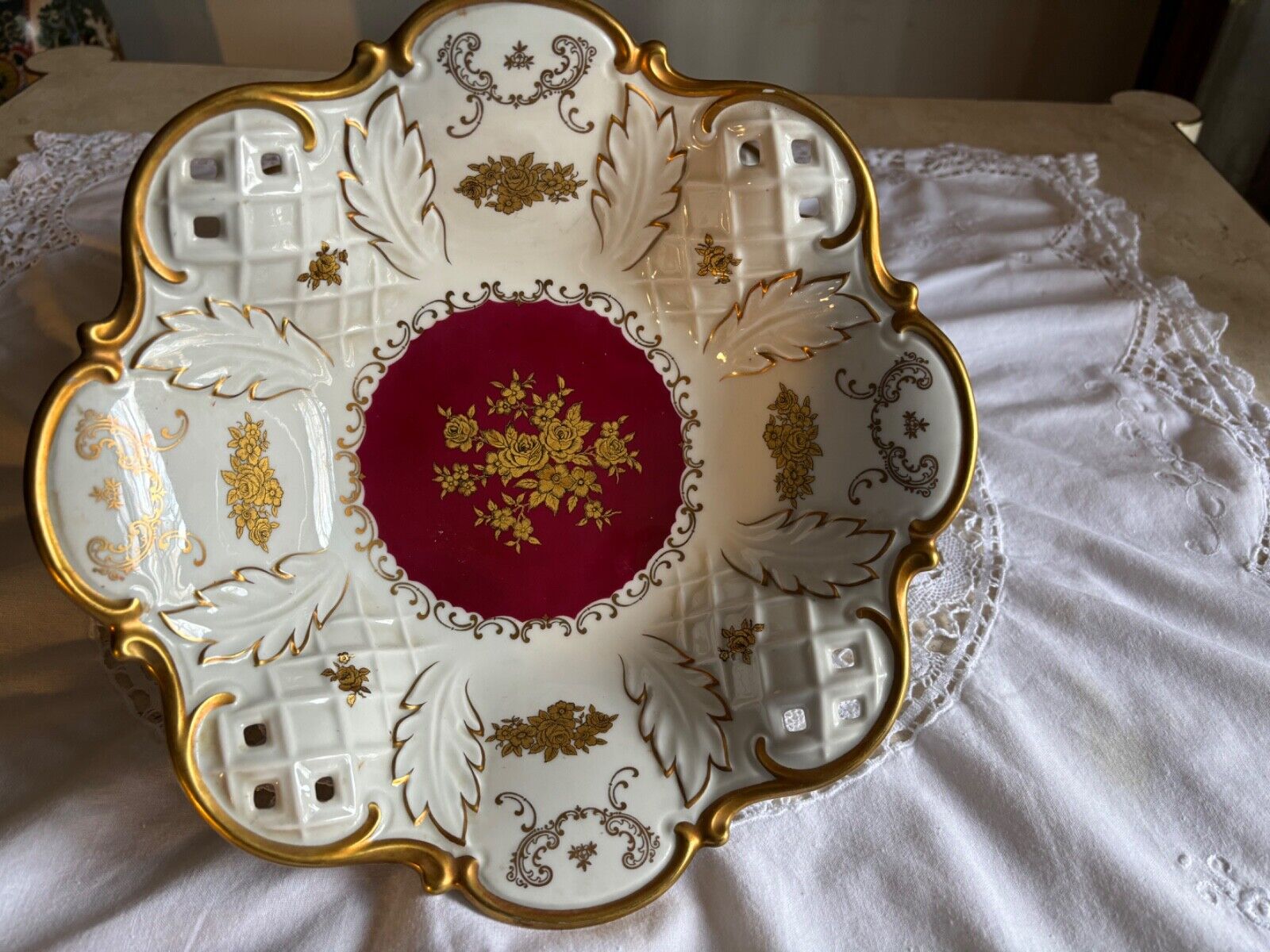 Reichenbach German Porcelain Footed Bowl White 22k Gold Flowers Pierced Lattice