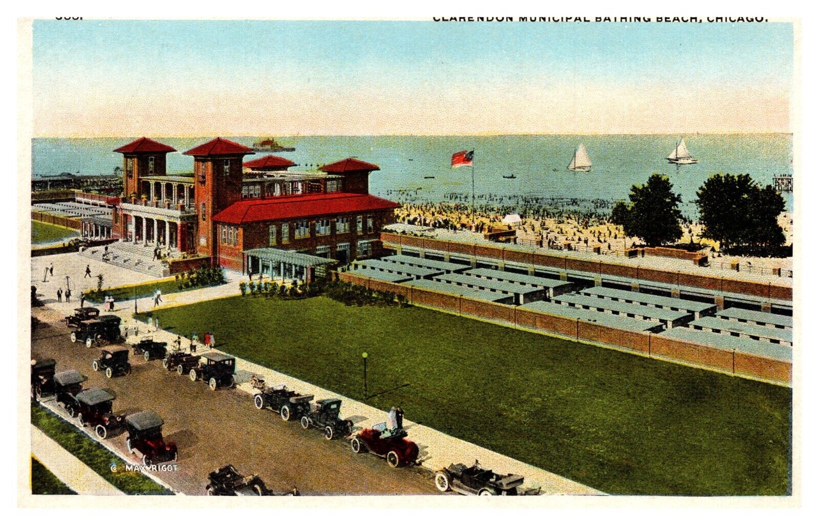 postcard Clarendon Bathing Beach Chicago Illinois-old cars 9750