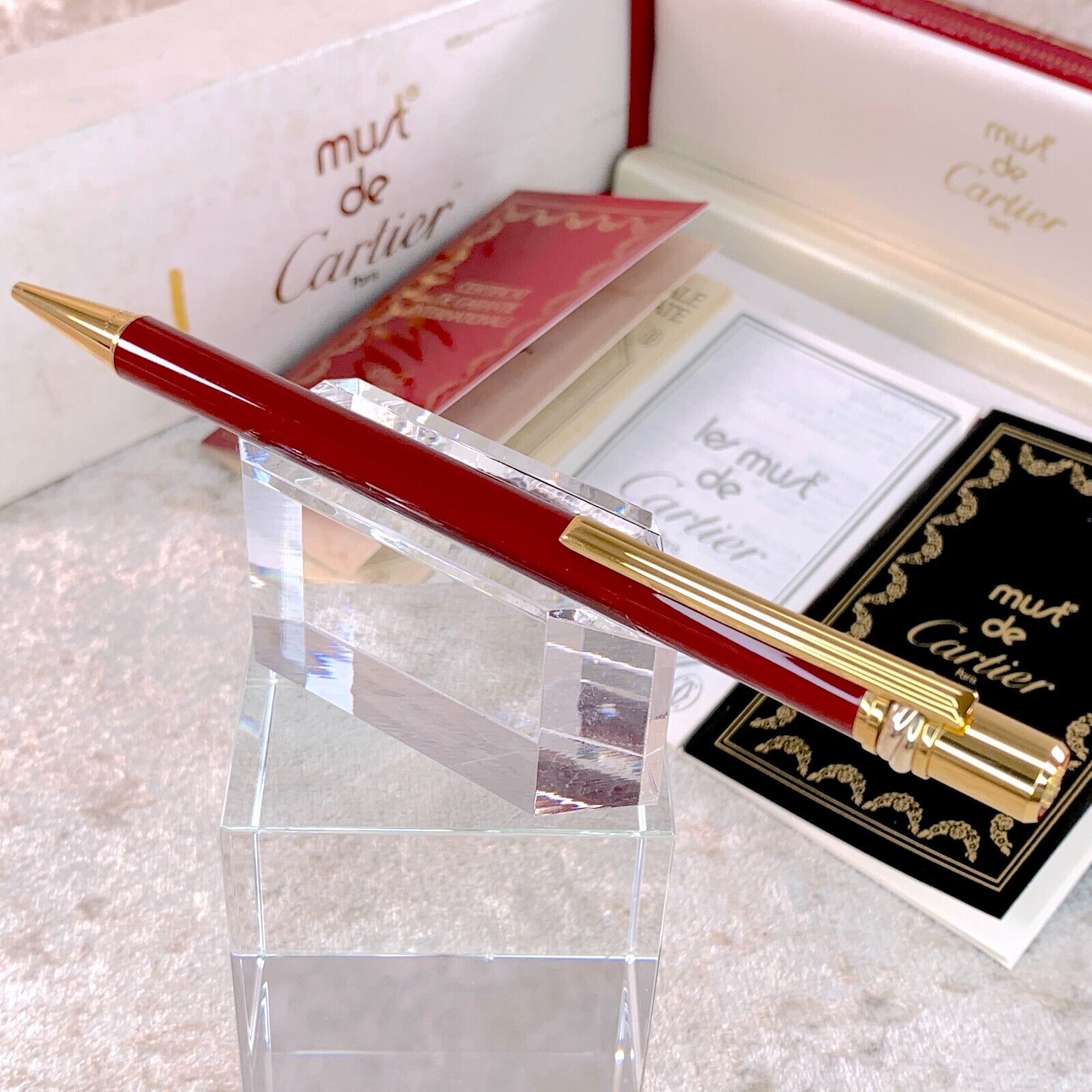 Vintage Cartier Ballpoint Pen Trinity Red Lacquer 18K Gold Finish w/Box&Papers