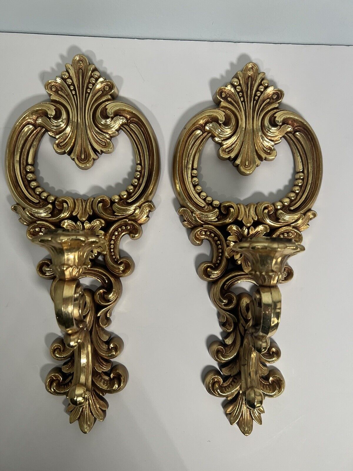 Pair Vintage 1970s Dart Ind. Wall Sconce Candle Holders Gold Hollywood Regency