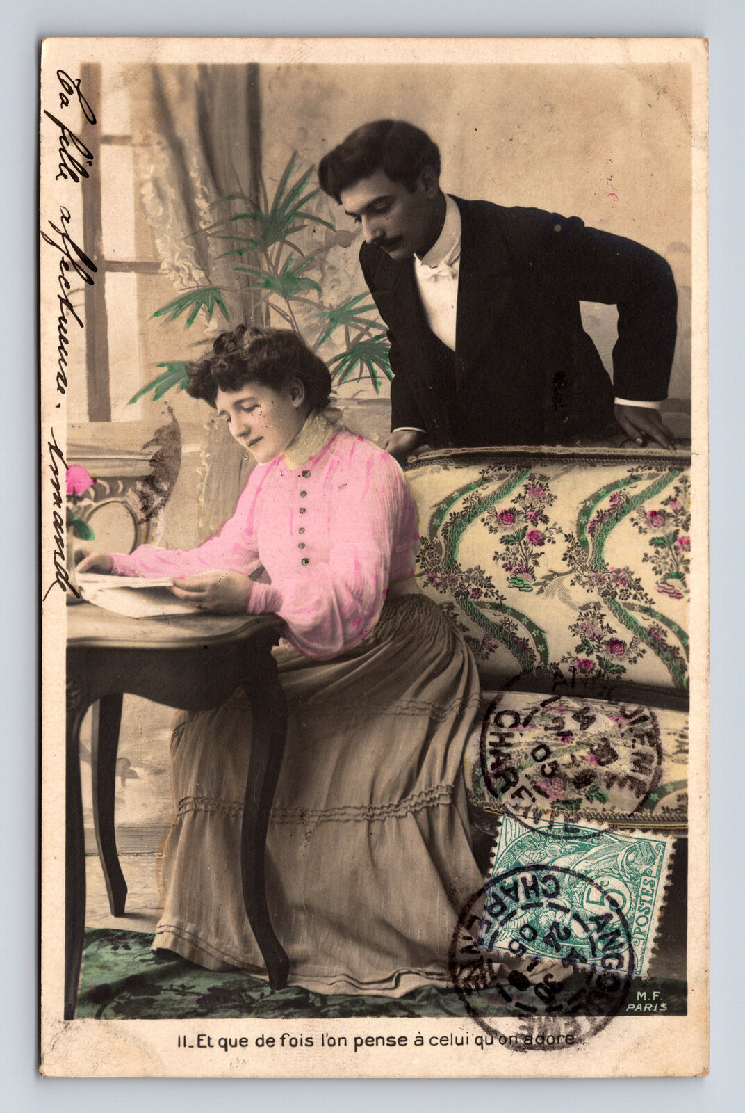 c1905 RPPC French Romance Man Looking Over Woman\'s Shoulder Love UDB Postcard