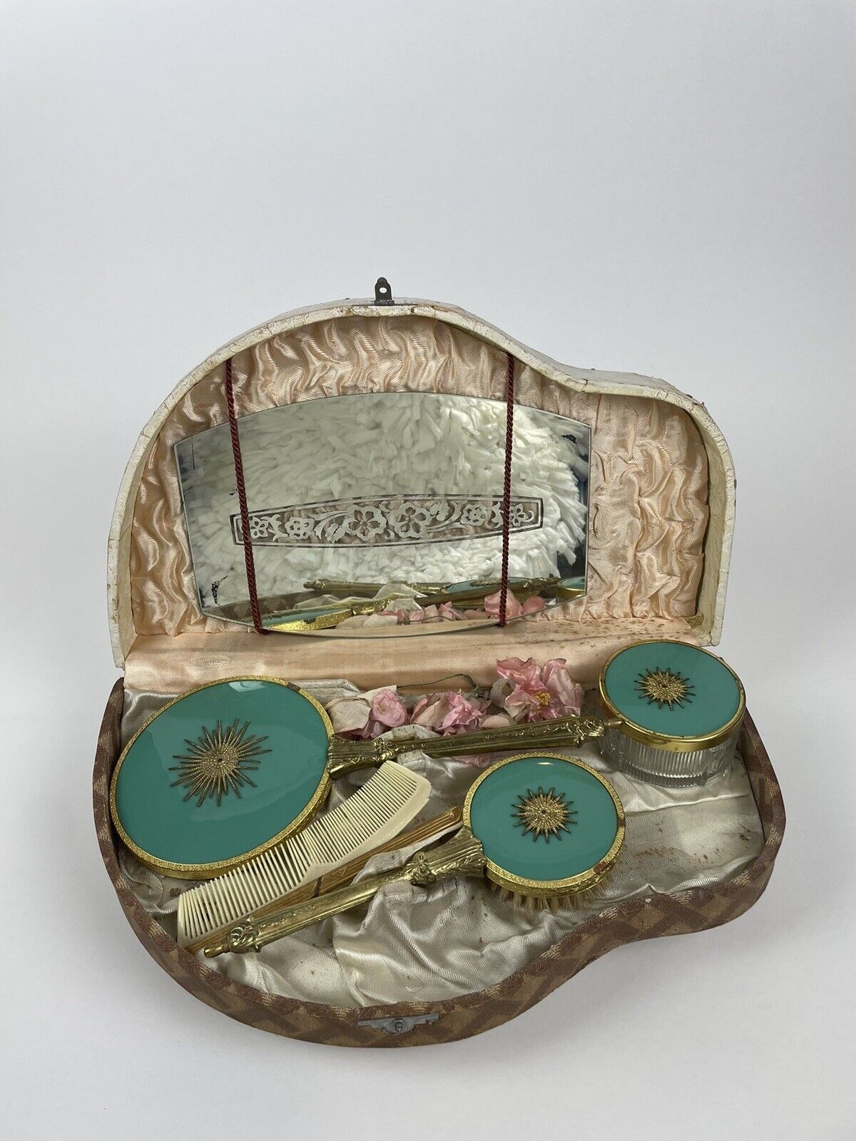 TEAL Sunburst Gold/Brass Handle Vanity Dresser Set With Original Box Vintage