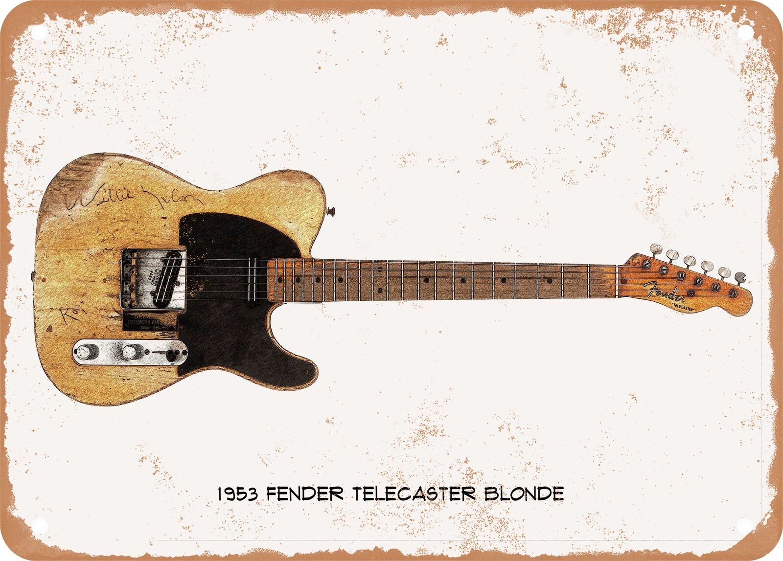 Guitar Art - 1953 Fender Telecaster Pencil Drawing - Rusty Look Metal Sign