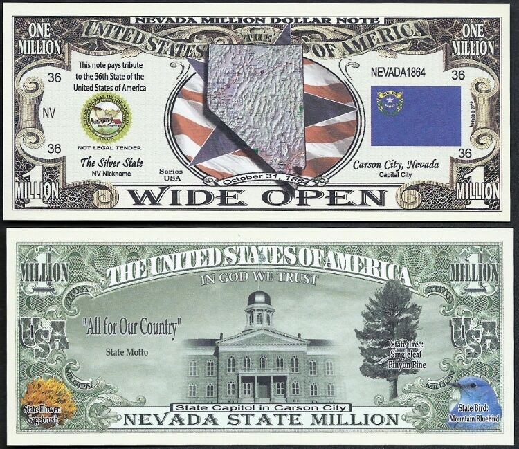 Lot of 500 BILLS- NEVADA STATE MILLION DOLLAR BILL w MAP, SEAL, FLAG, CAPITOL 