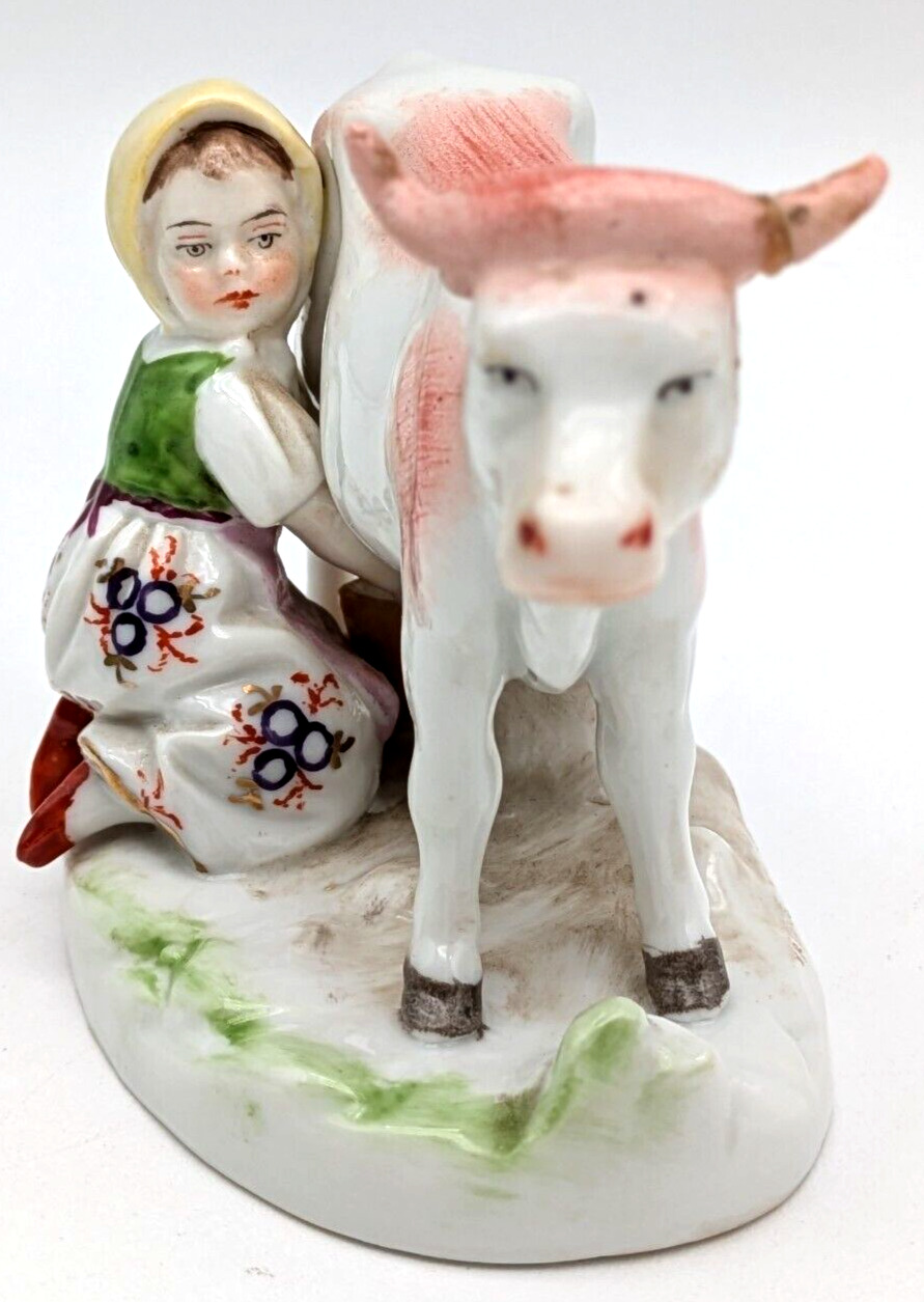 Antique Porcelain Continental Girl Milking Cow Figurine Milkmaid