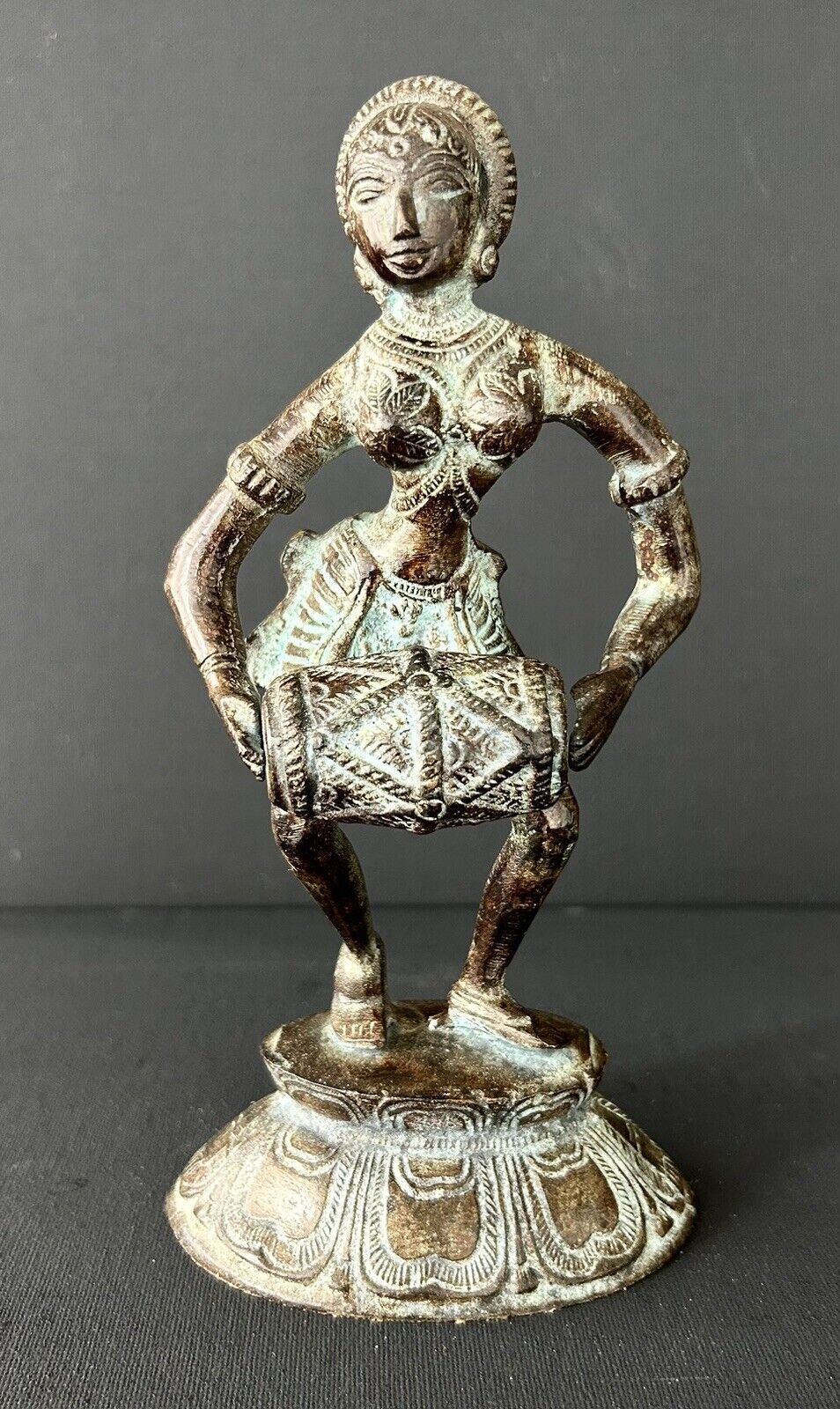 Vintage Bronze African Woman Dancing with Drum Sculpture Figurine 9”H