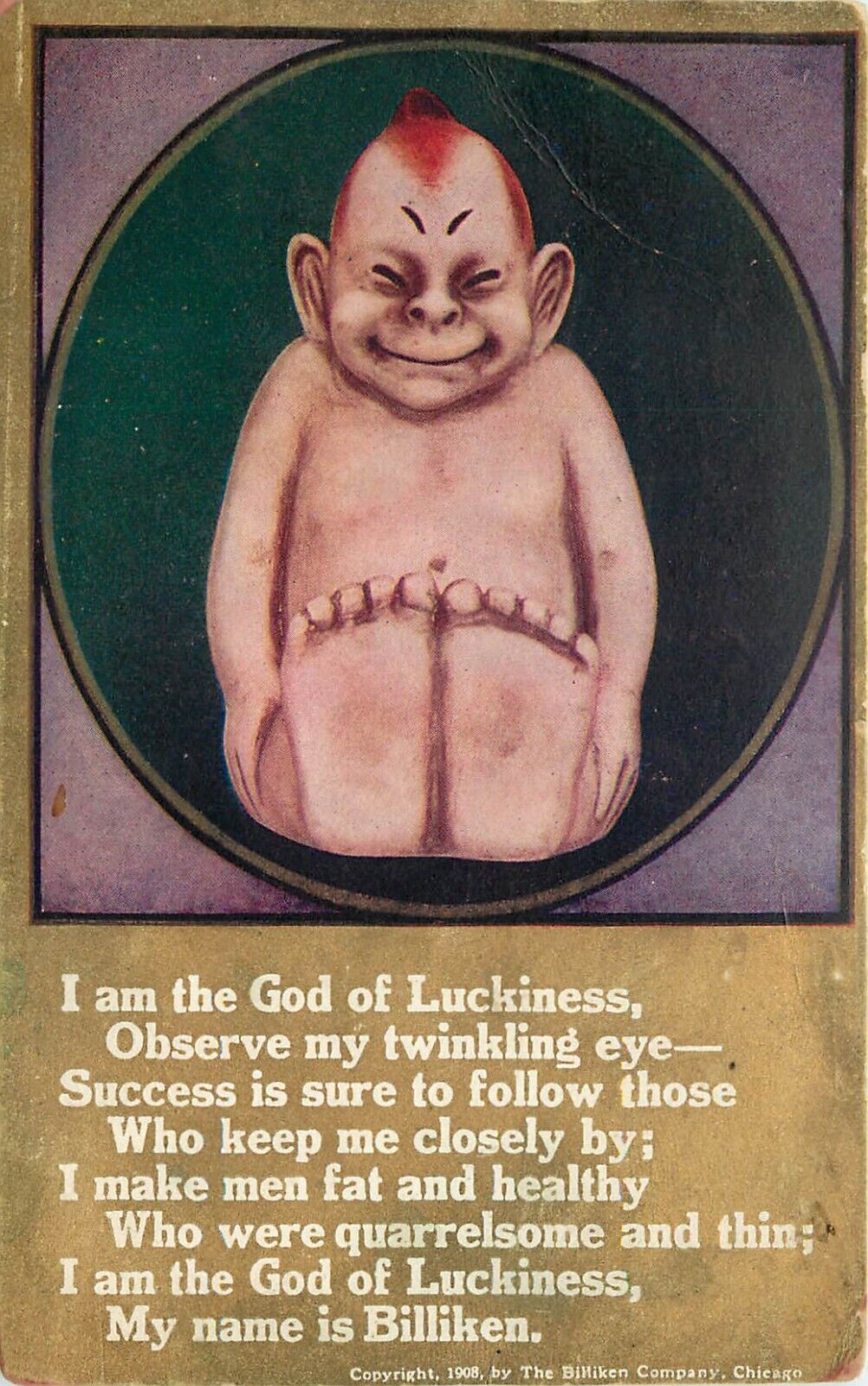 1908 Billiken Postcard; I am the God of Luckiness, Observe My Twinkling Eye