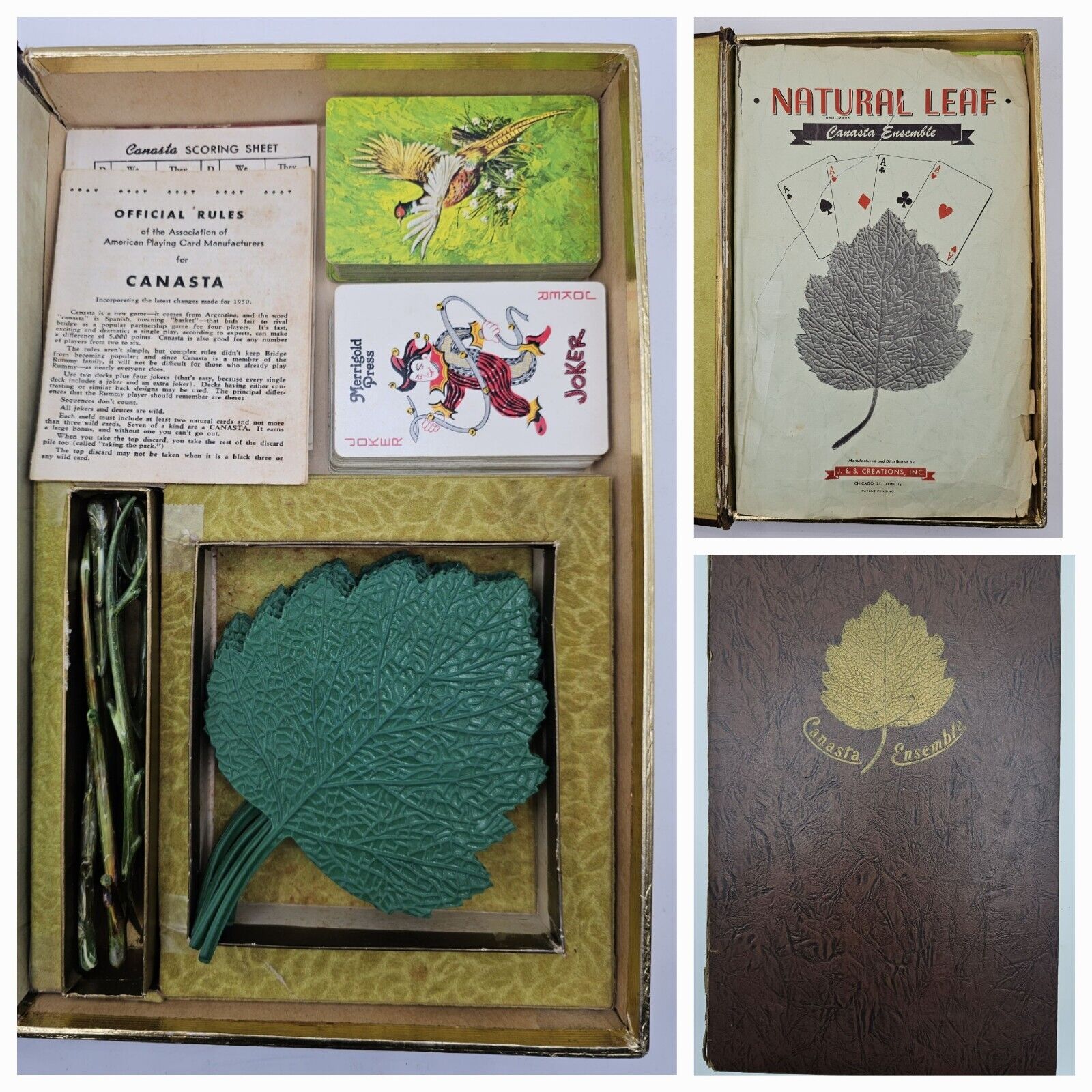 Vintage 1940's Canasta Ensemble Playing Cards Coasters Swizzle Sticks Gilt Book