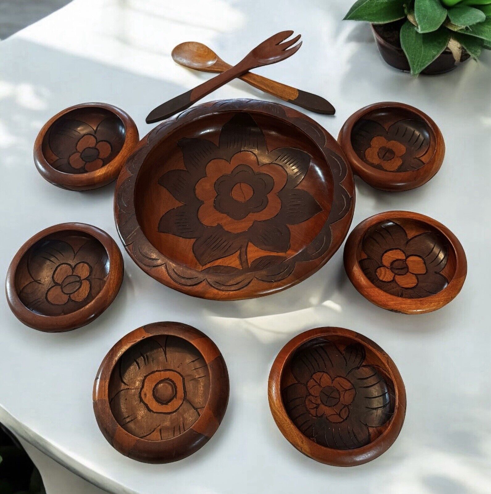 Vintage Salad Bowl Set Mid Century Modern Hand Carved 9 Pieces With Utensils
