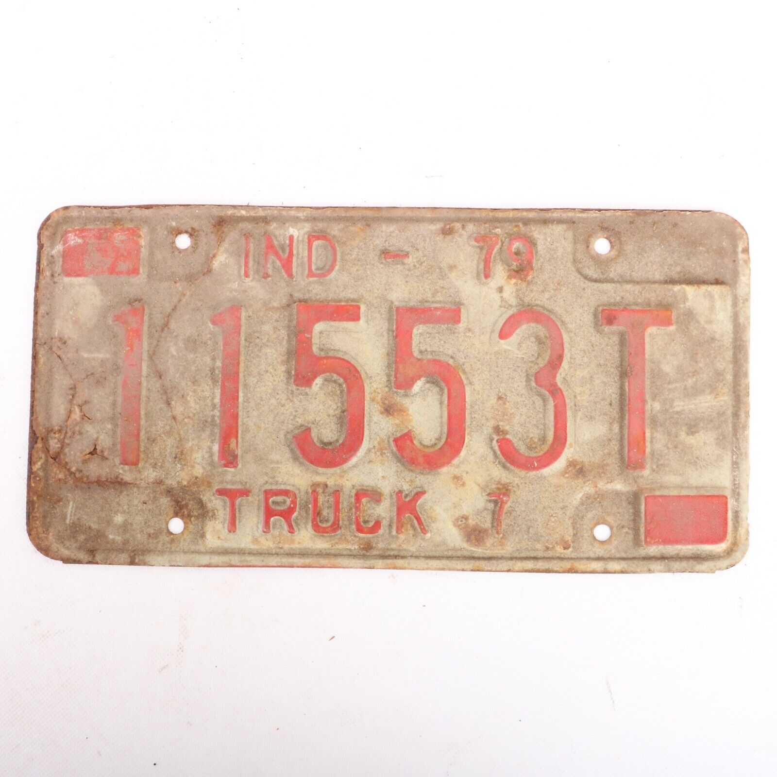 1979 Indiana Truck License Plate 11553T Red Text White Background