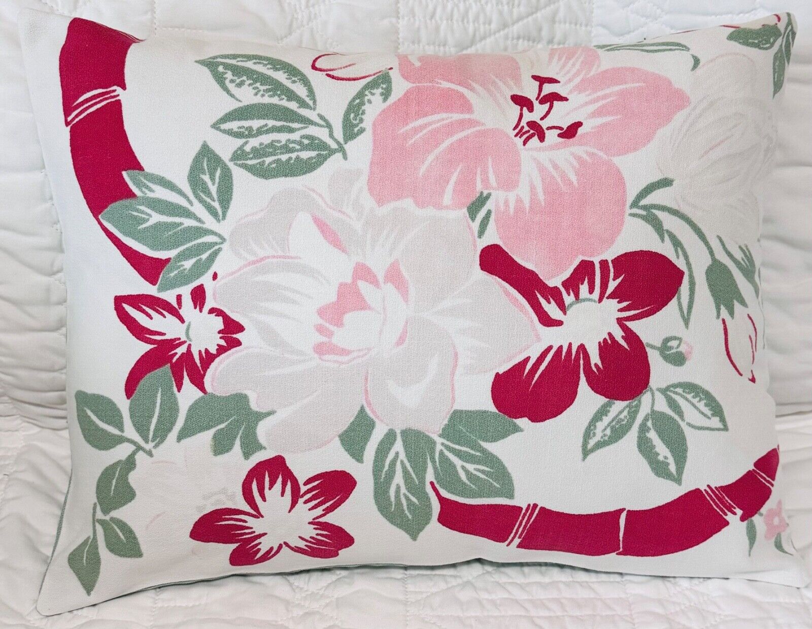 Vintage Tablecloth Pillow Cover - Pink, White, red, Floral w/ Red Ribbon