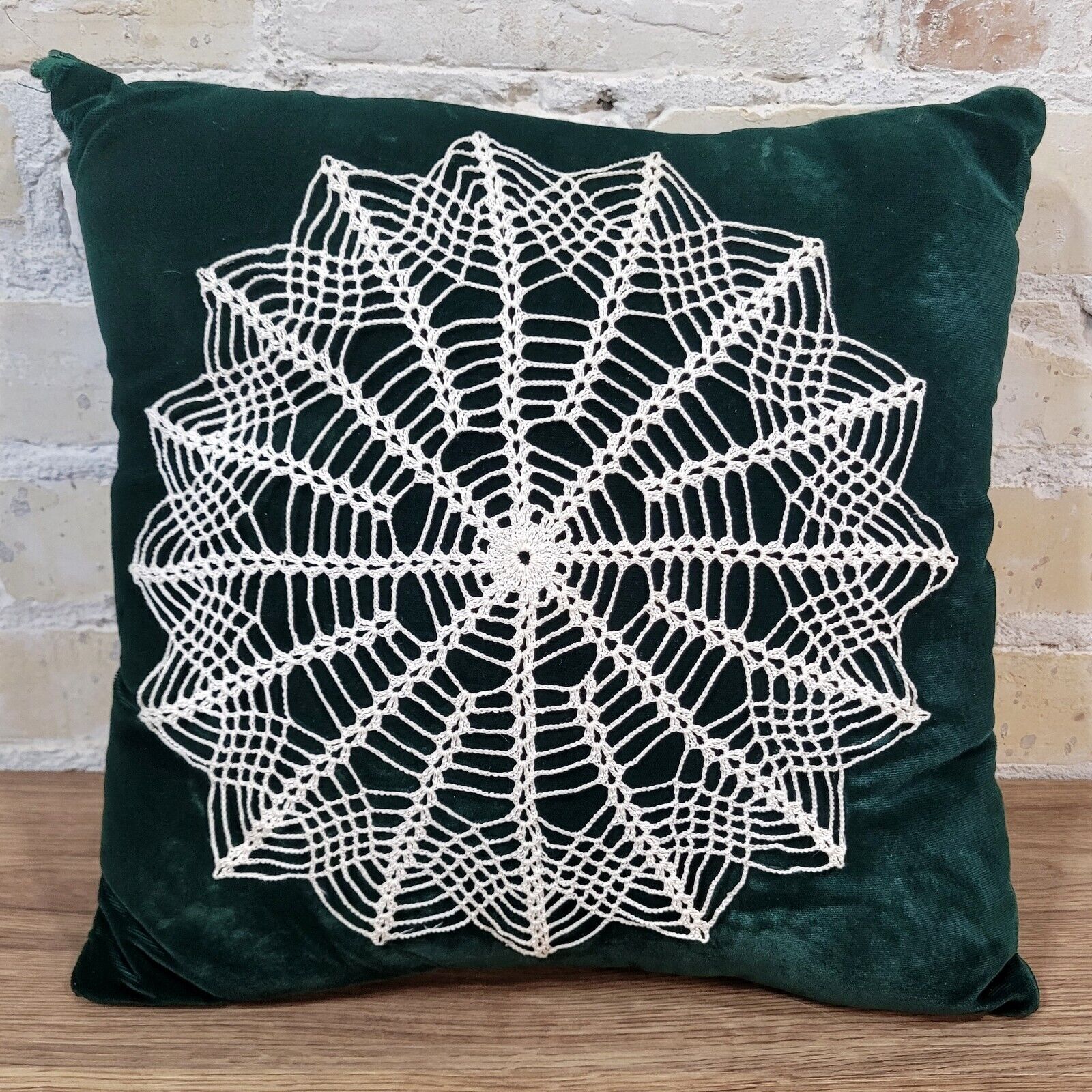 Vintage Green Velvet Hand Tatted Lace Doily Pillow Accent Cottage Dark Boho 13
