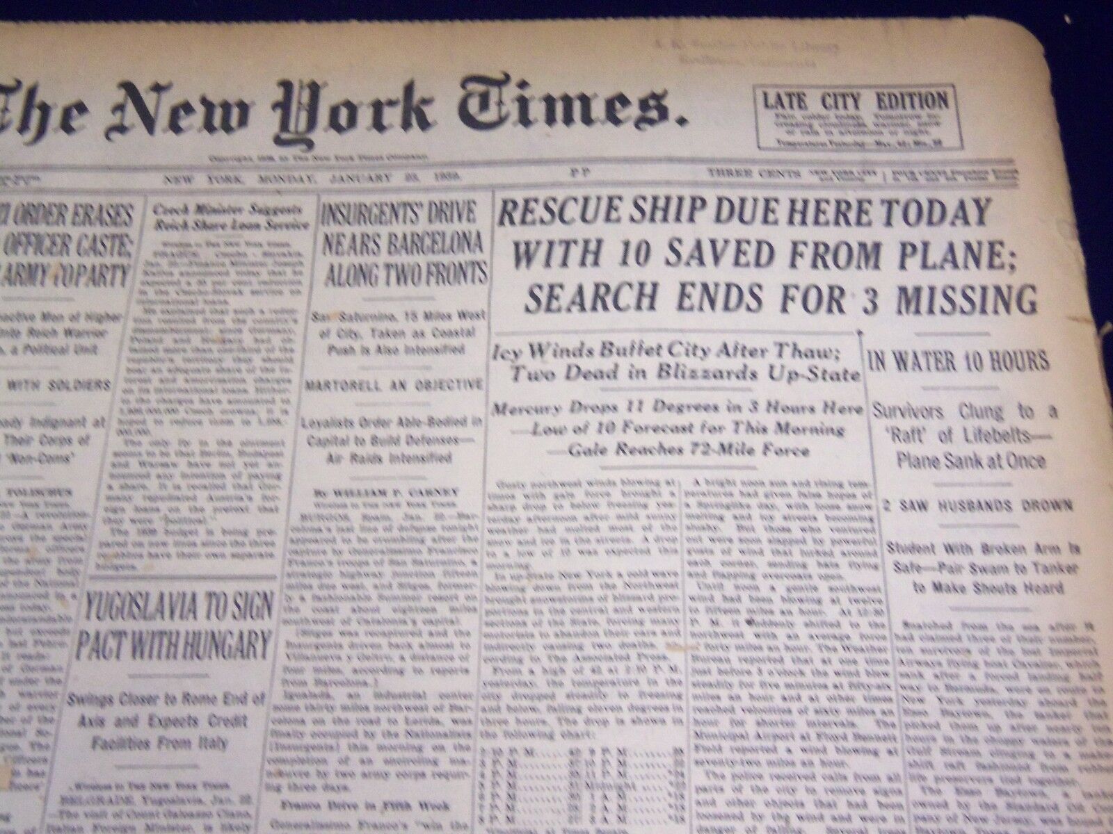 1939 JAN 23 NEW YORK TIMES - RESCUE SHIP DUE HERE TODAY WITH 10 SAVED - NT 448