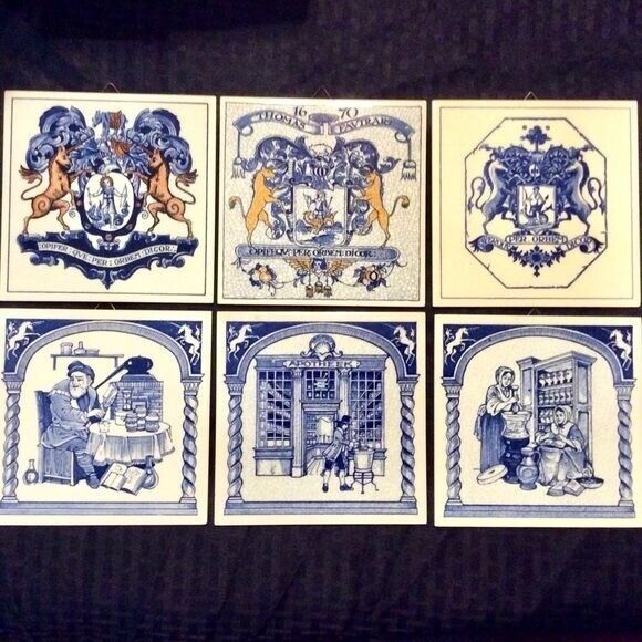 Vintage DELFT Hand Decorated Tiles Blue Off White Gold 80s Holland Apothecary