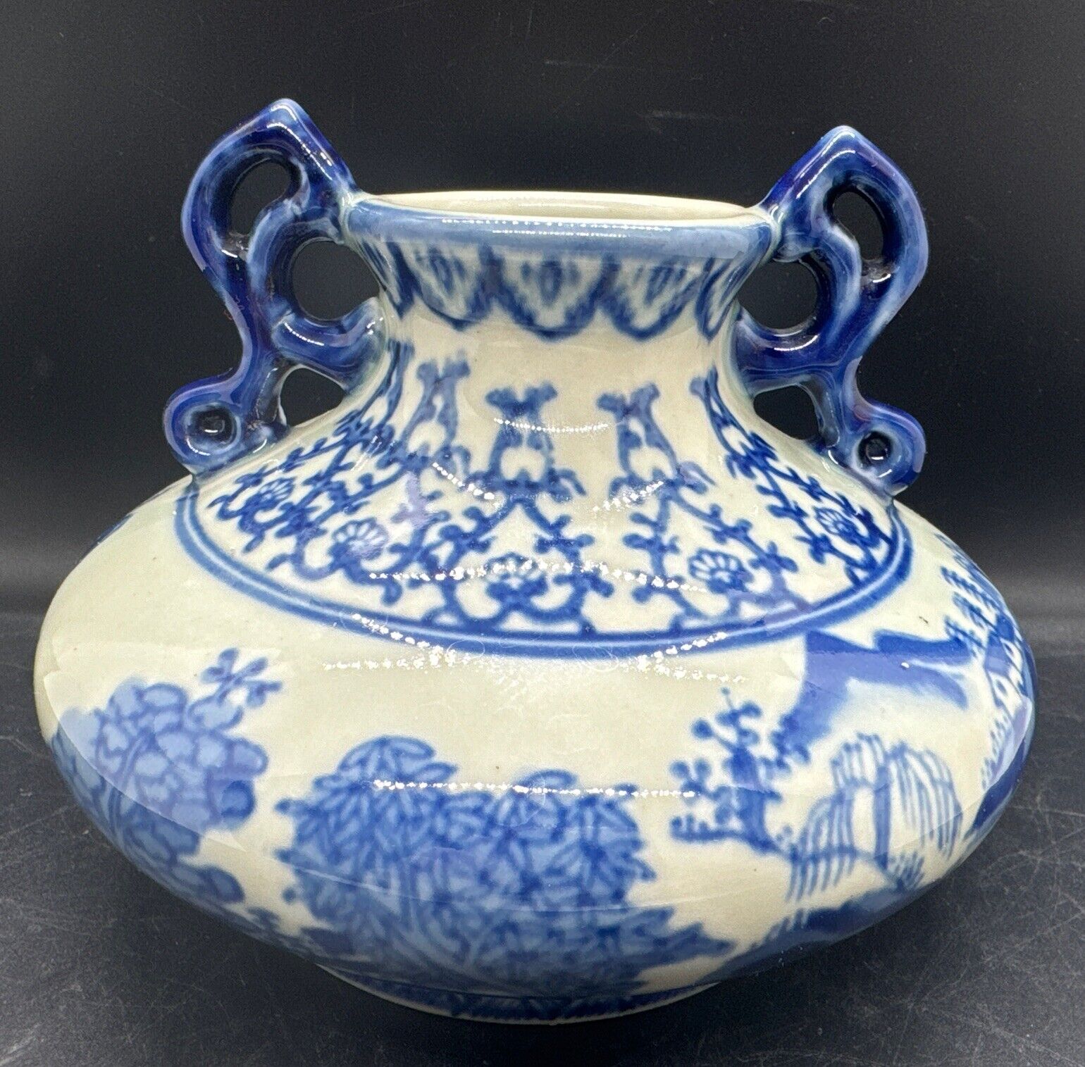 VTG Heavy Asian Blue And White Vase 4.25” High