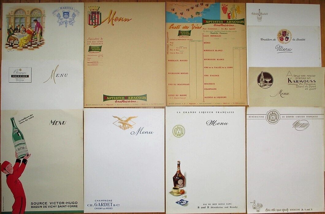 French Vintage Advertising Menu Collection of 41 Pieces, Cognac, Champagne, More