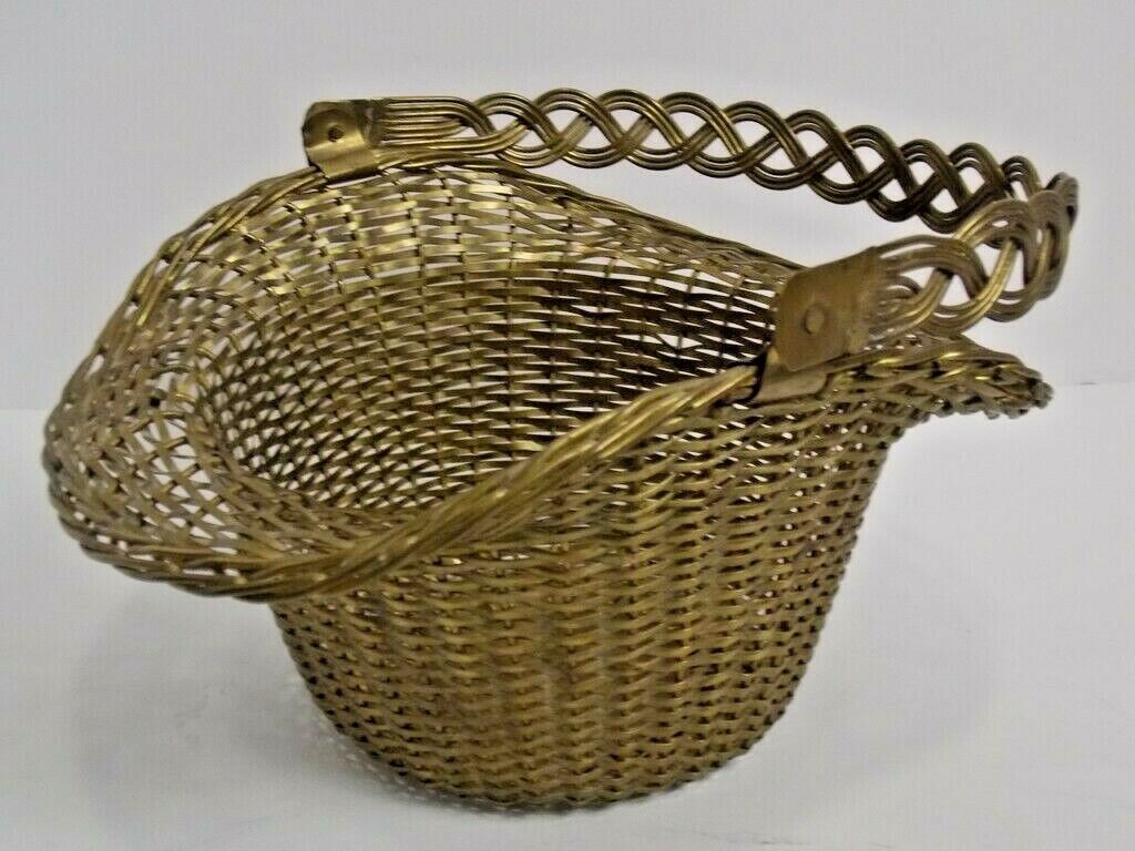 Vintage Unique Brass Weaved Basket Braided Movable Handle Sturdy High Quality