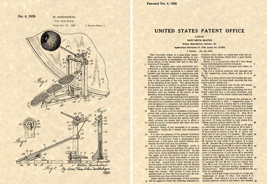 LUDWIG SPEED KING BASS DRUM PEDAL Patent Art Print READY TO FRAME twin spring