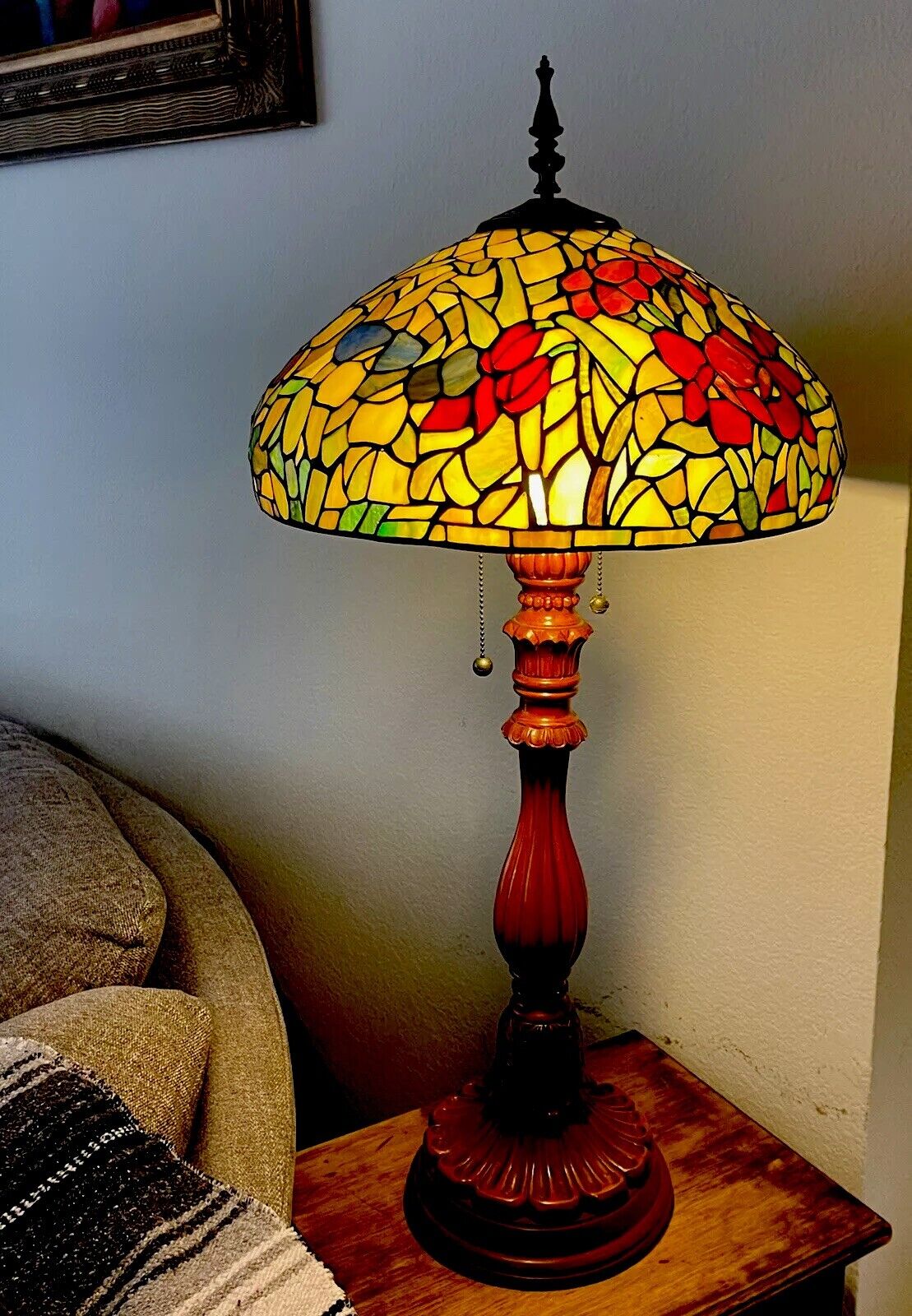 Vintage LargeColorful Floral Tiffany Lamp 39” With 3 Light Bulbs Rare Wood Base