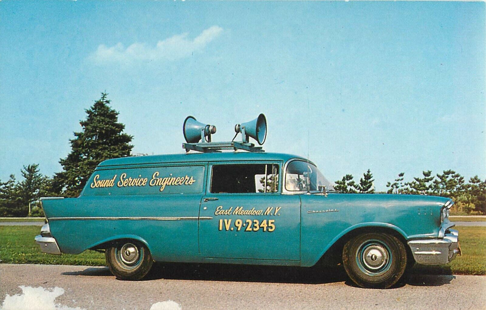 Sound Service Engineers Chevrolet Wagon Speakers Postcard East Meadow L. I. NY