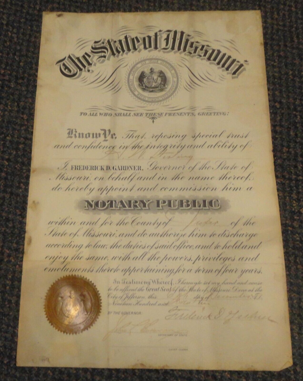 Dec 6 1913 Missouri Governor Elliott W Major signed document