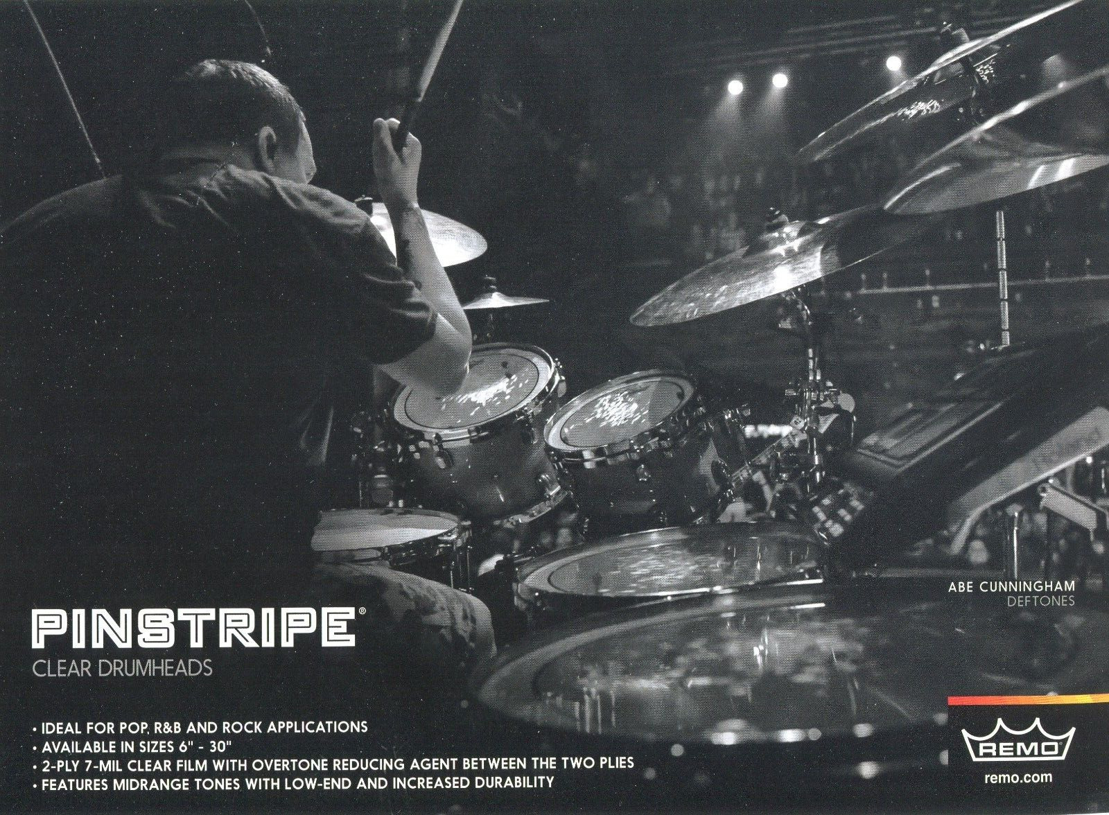 2016 Print Ad of Remo Pinstripe Clear Drumheads w Abe Cunningham Deftones