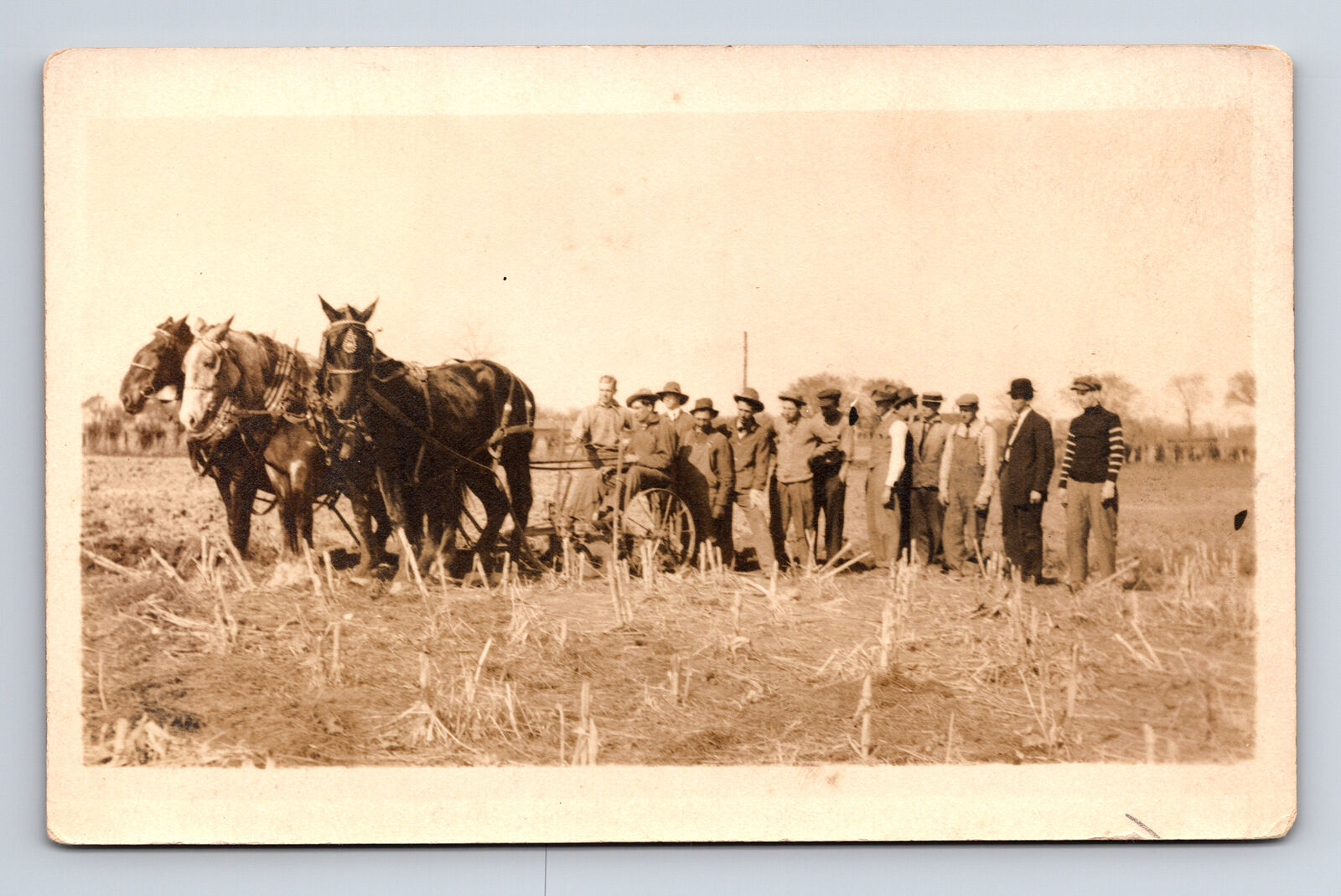 RPPC Three Horse Farm Implement & 13 Men Postcard