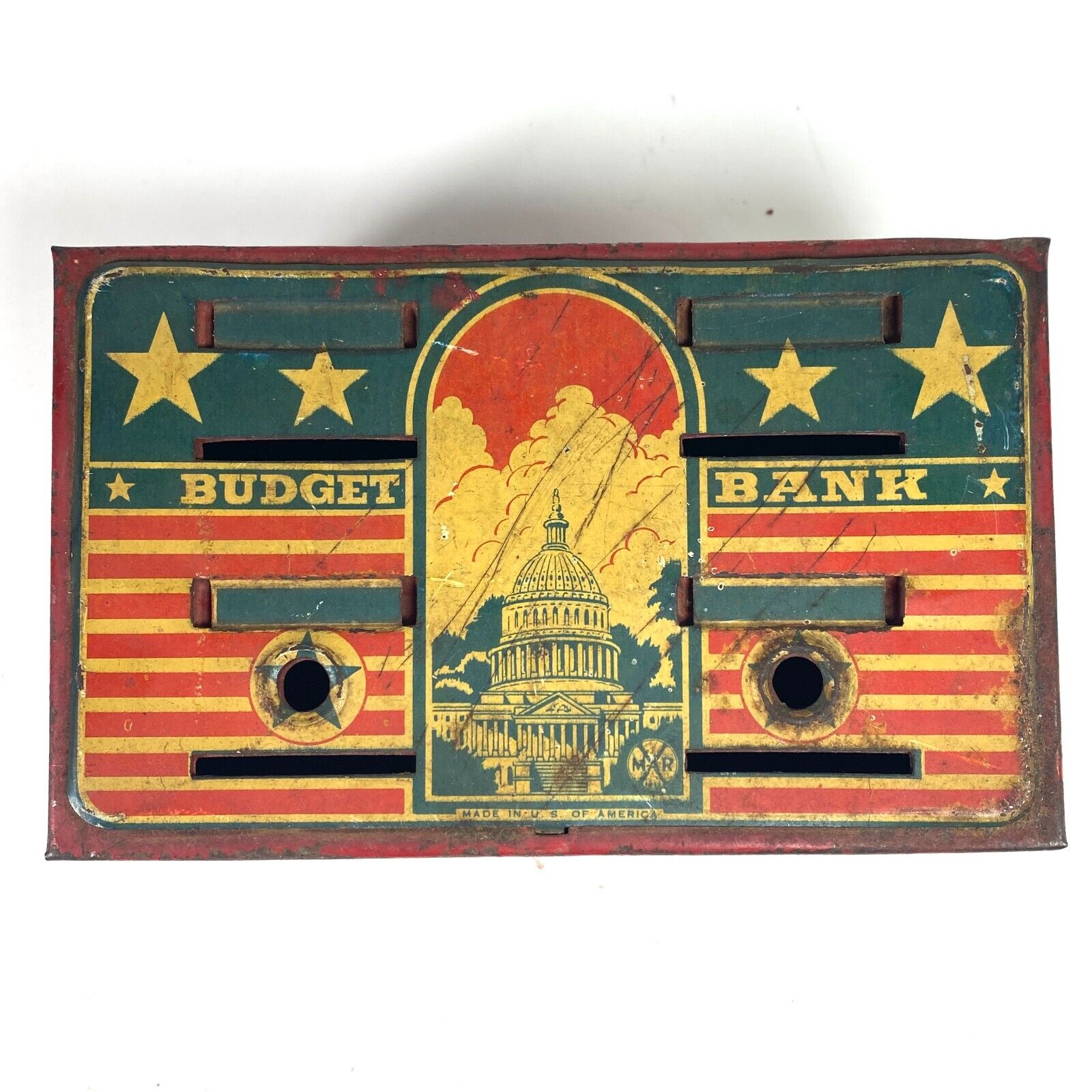 Vintage Marx Toy Budget Bank Red Hinged Metal Coin Box w/ Key - Patriotic USA