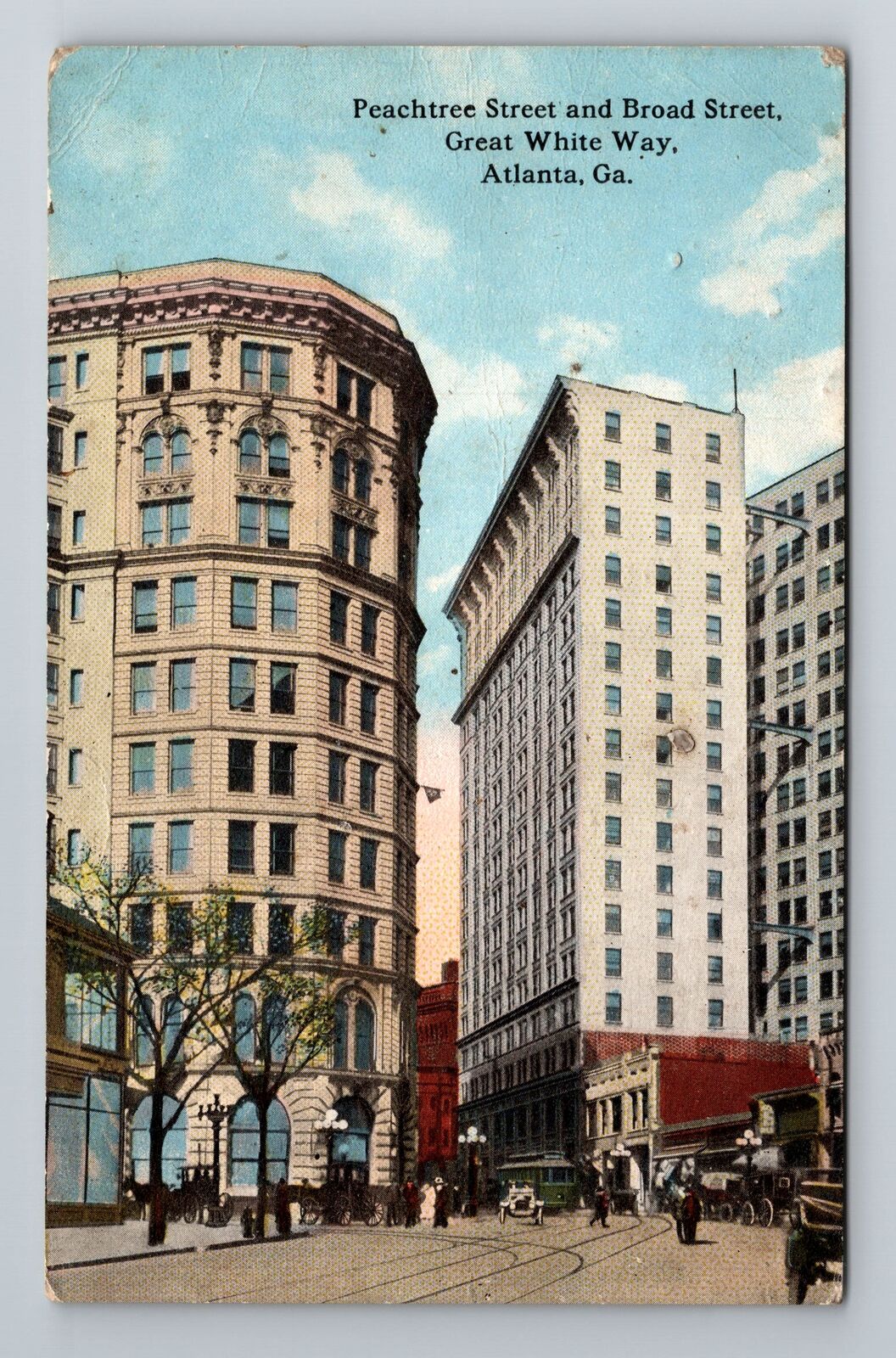 Atlanta GA-Georgia, Peachtree Street And Broad Street, Antique Vintage Postcard