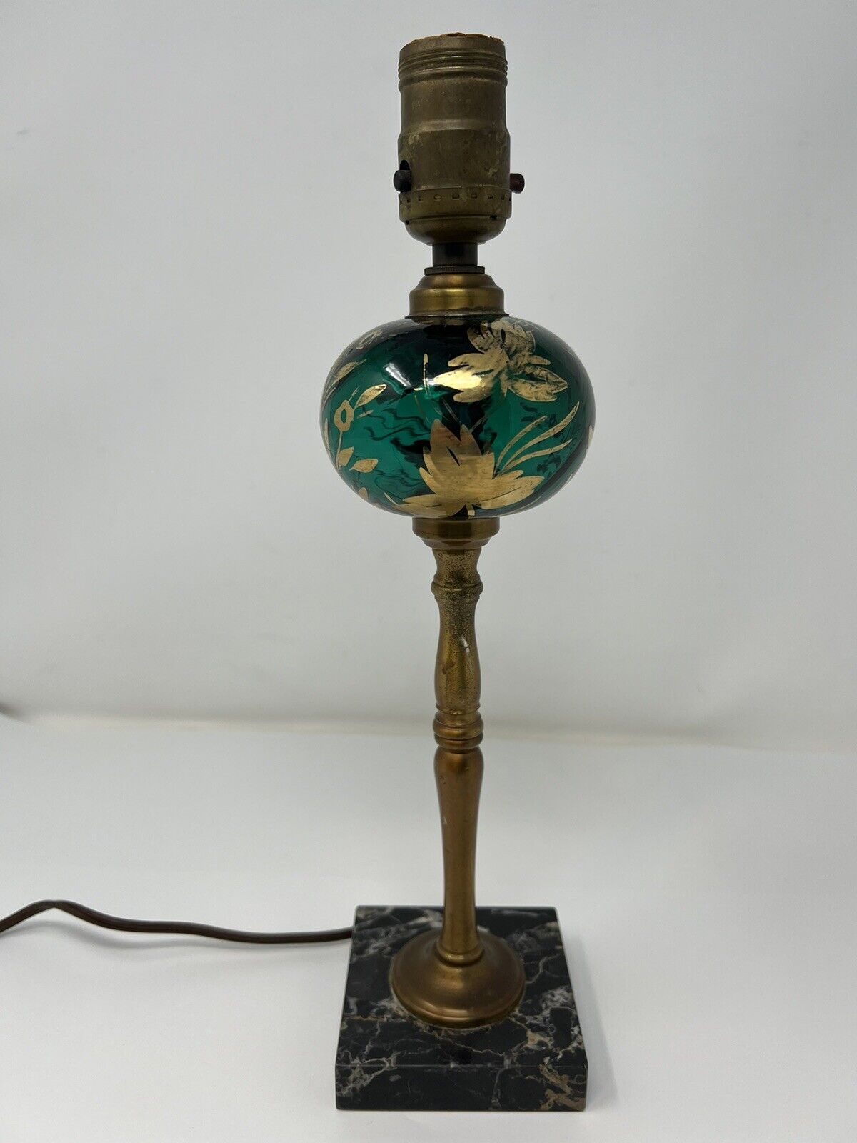 Antique Vintage Green Glass Marble Brass Small Table Lamp Works Hand Painted