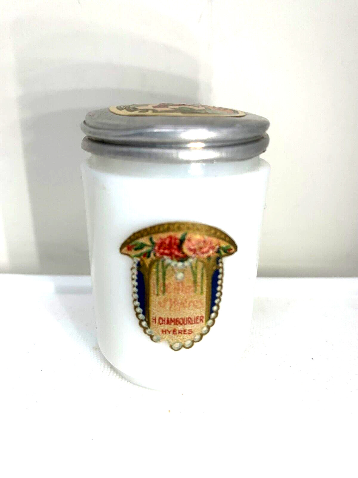 Charming Antique milk glass crème jar.  L’Oeillet of Hyeres by Chambourlier.