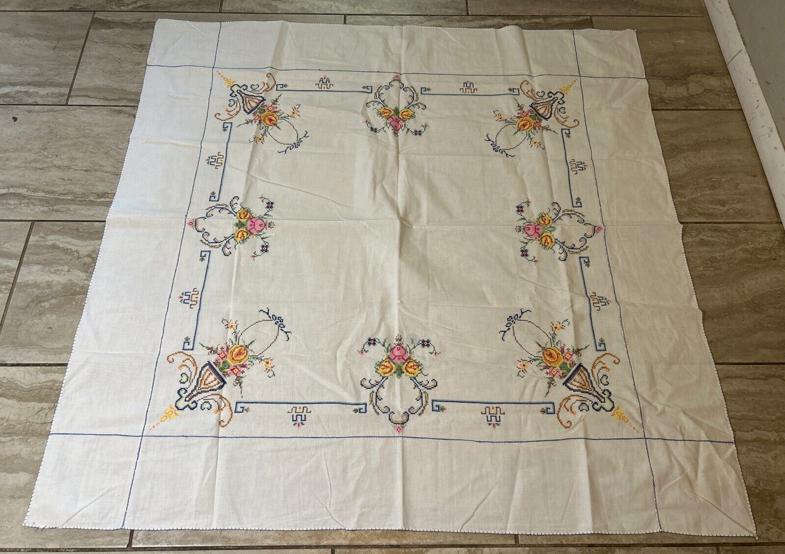 Vintage Needlepoint Embroidered Floral Cloth Tablecloth 45x45 in.