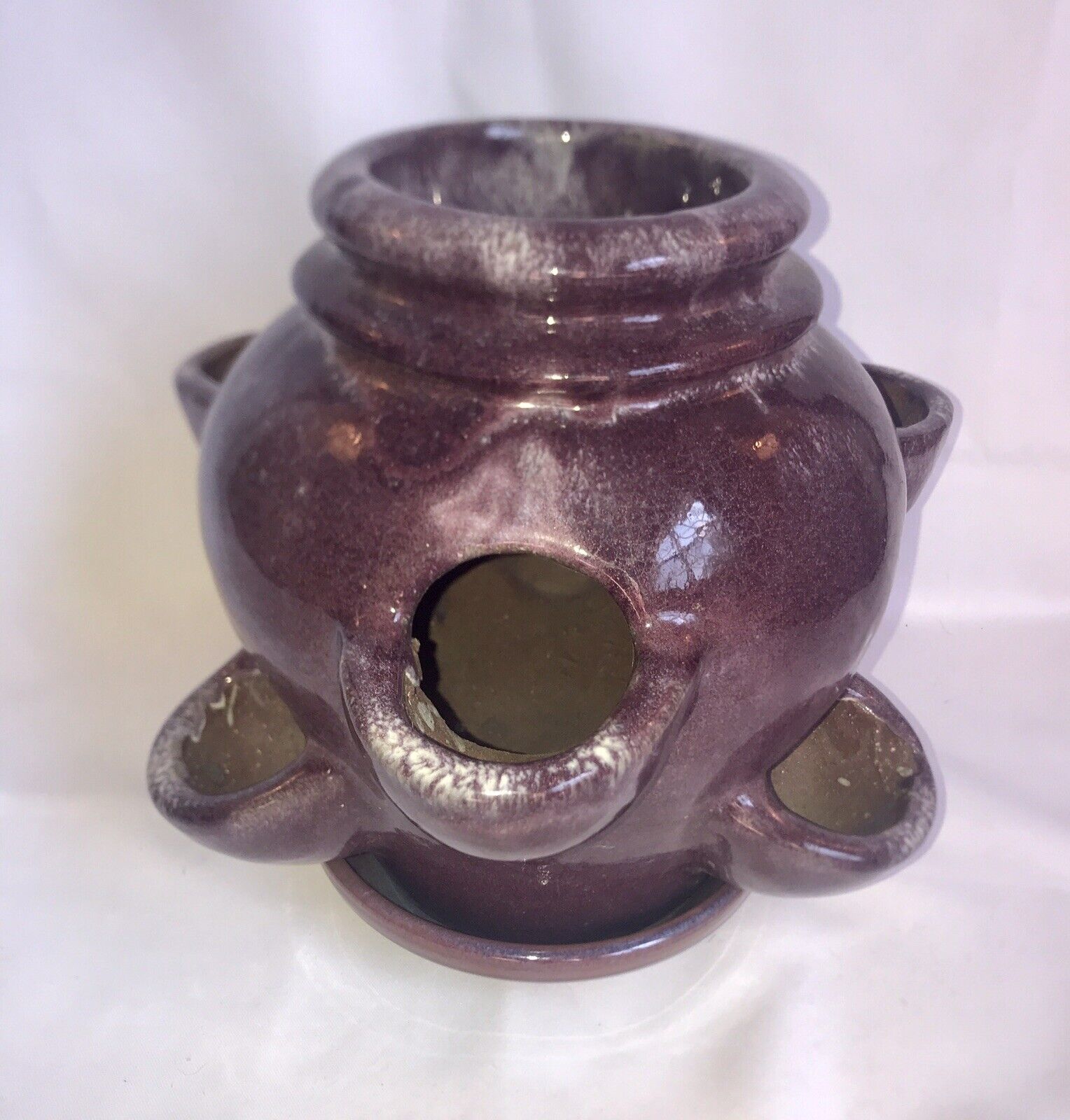 Rare Antique pottery Strawberry pot urn planter succulent 10x10x10” Purple Glaze